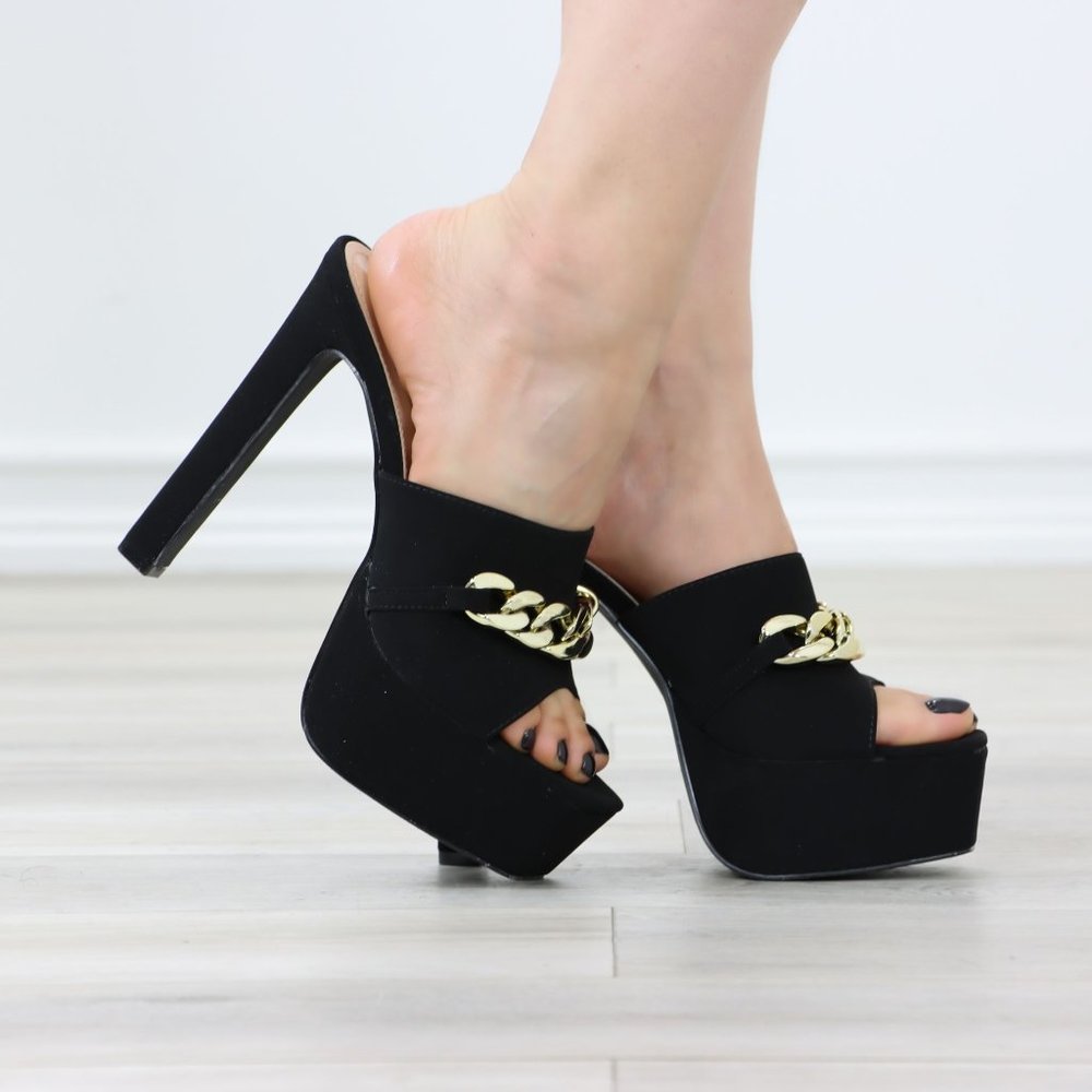 Black Faux Velvet Open Toe Slip On Platform Heels Gold Tone Chain Detailing - Picture 12 of 12